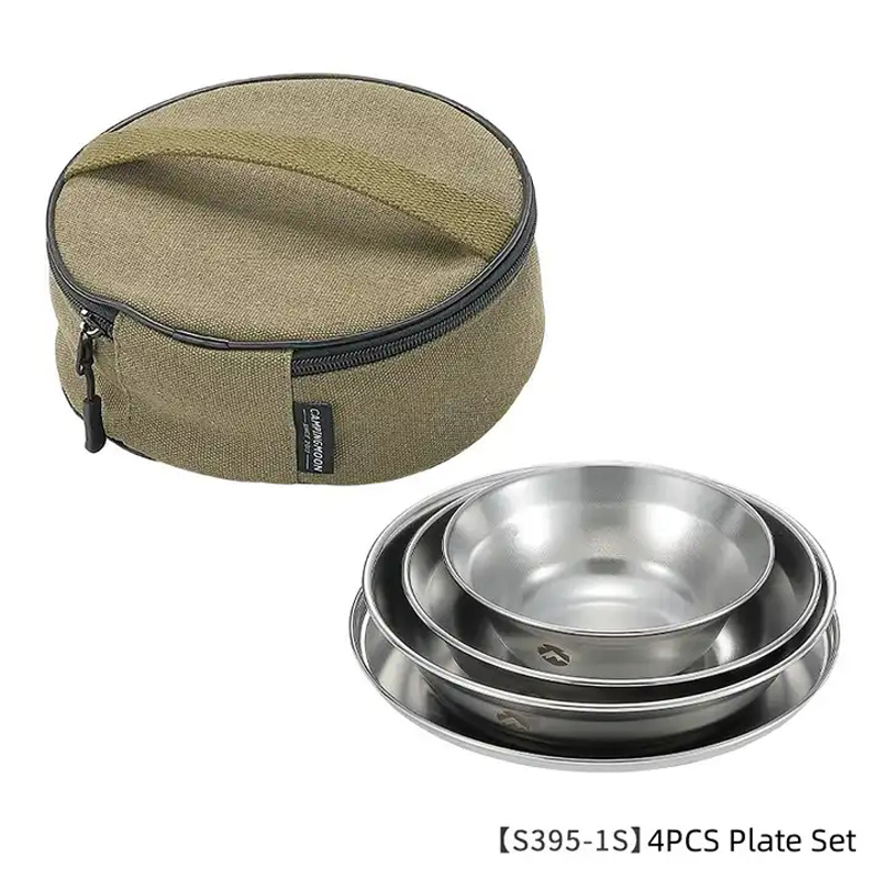 Outdoor Camping Korea - S395-1Sステンレス鋼304ボウルプレート皿キャンプ調理器具セット日本韓国風BBQ屋外用食器8点プレートセット付き
