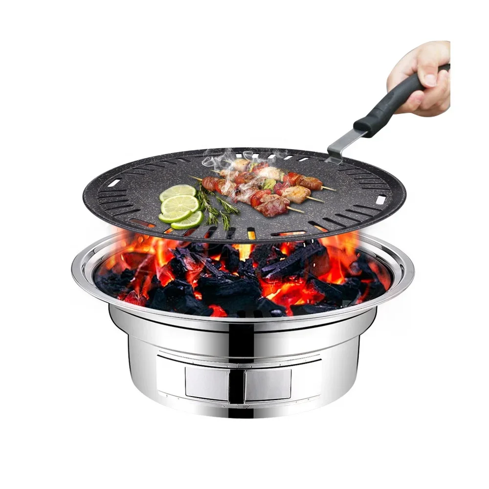 Outdoor Camping Korea - アルミ製丸型BBQプレート、ノンスティックテーブルバーベキューグリルパン、卓上ポータブル屋外キャンプ調理器具、韓国風、29.5cm
