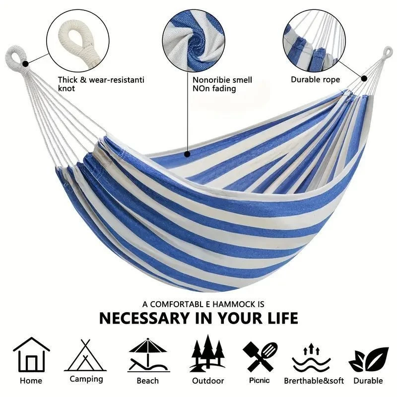 Outdoor Indoor Camping - キャンバス製木製スティックハンモック屋外キャンプ用吊り下げベッド屋内子供用スイング厚みのあるストライプハンモック付き転倒防止機能付き
