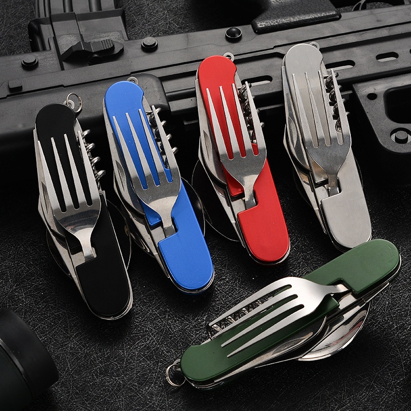 Camping Quiet - 4 in 1 折りたたみ食器取り外し可能なキャンプ用品ステンレス鋼ナイフフォークスプーンオープナーポータブル屋外旅行カトラリー