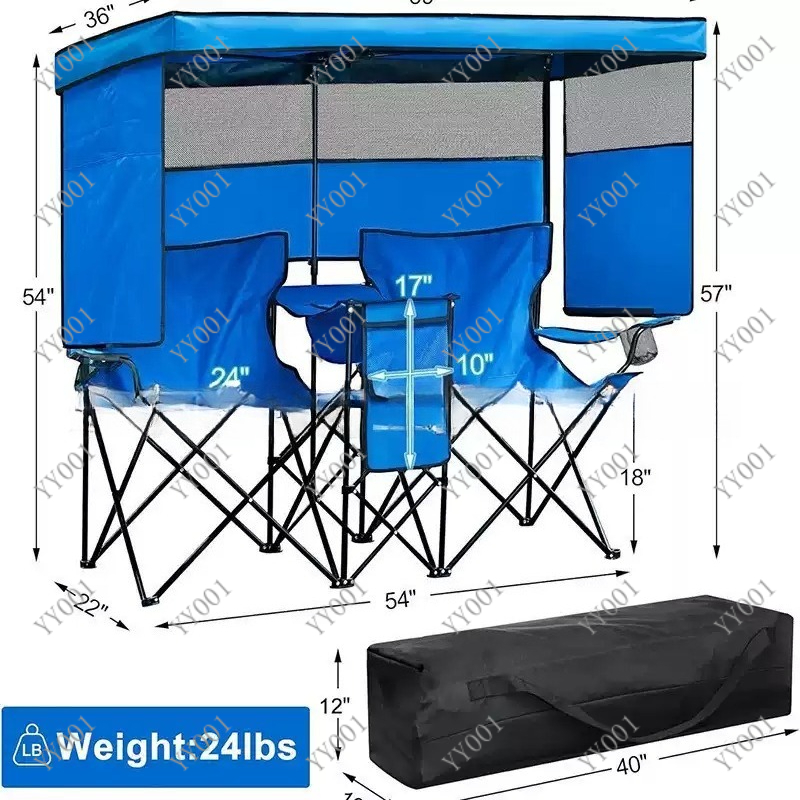 Outdoor Camping Folding Chairs - ポータブルダブル折りたたみキャンプチェア（サンシェード＆アイスバッグ付き）屋外ピクニック釣り用シート