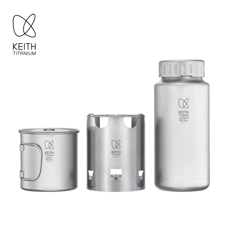 Outdoor Camping Stove Wood - KEITH 純チタン製ネスティングキャンプセット 1200ml ウォーターボトル + 650ml